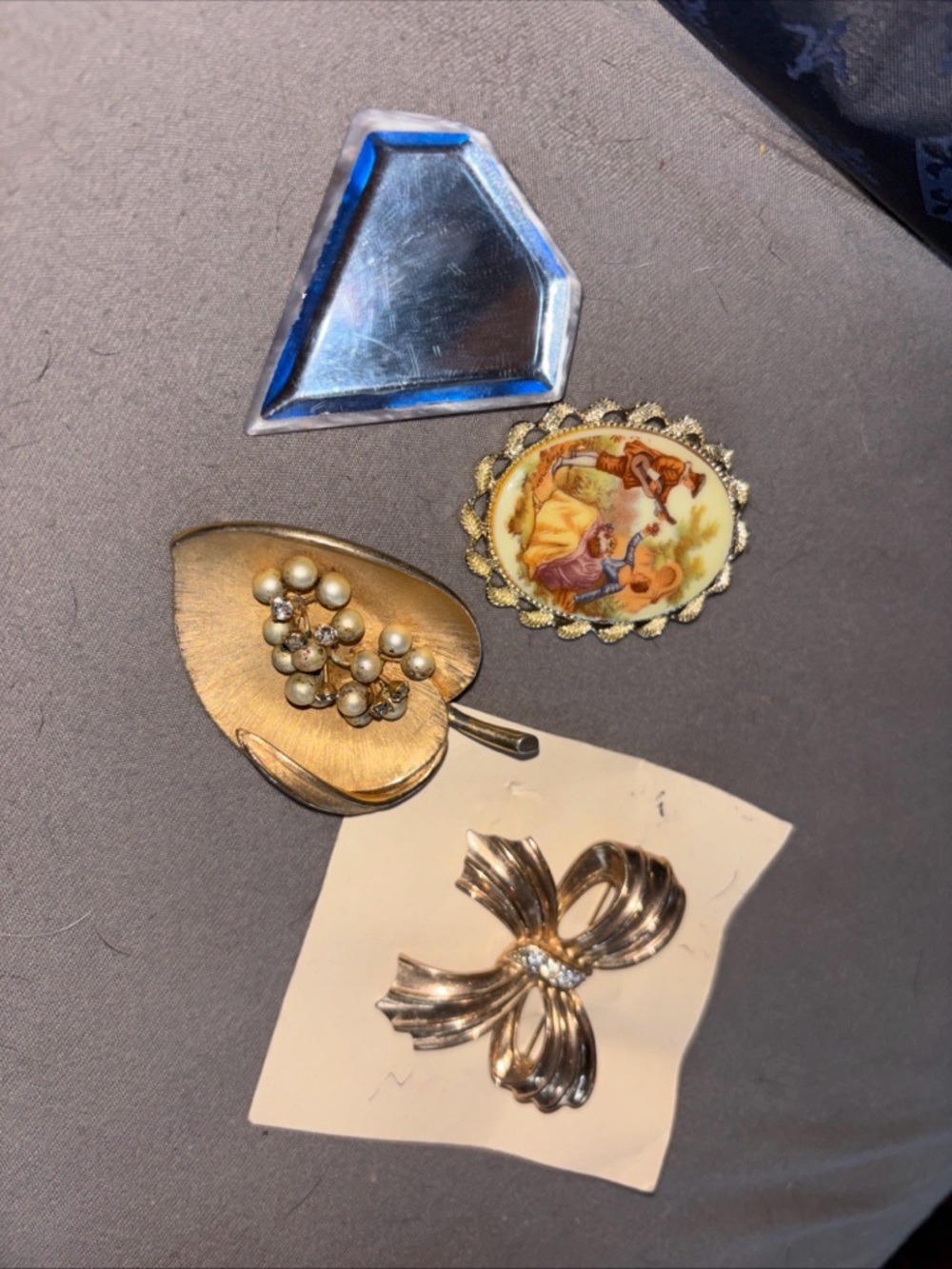 Vintage Mixed Women’s Jewelry Brooch Set - Gold Tone, Pearl Accents, Blue Enamel